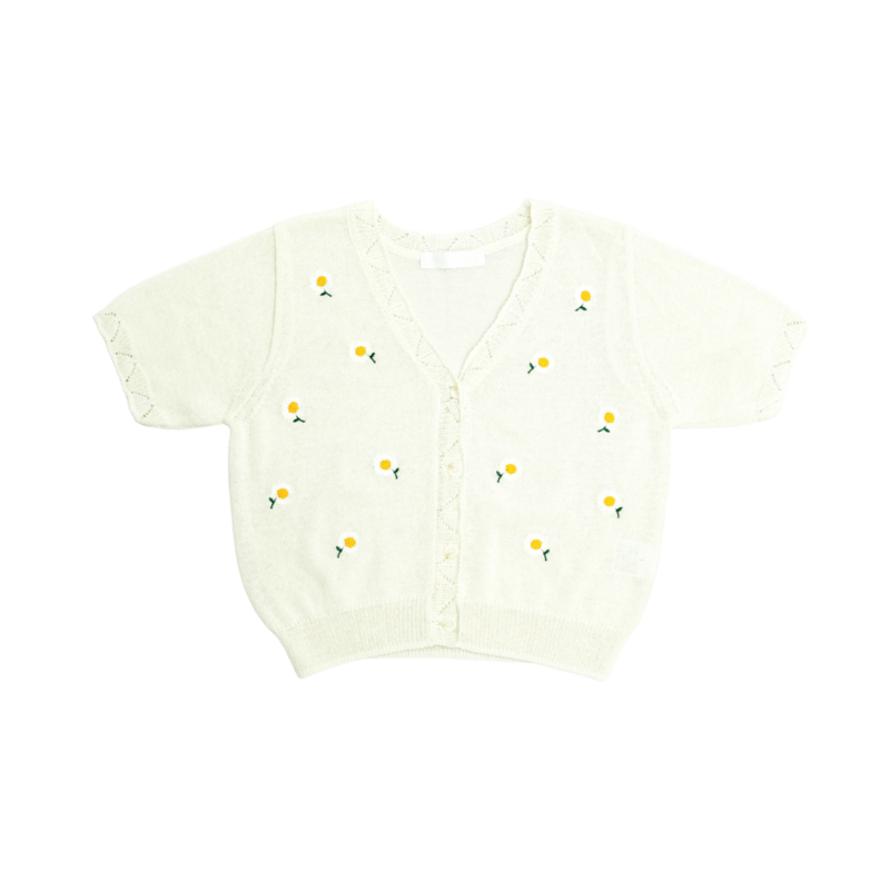 <KR> 透薄V領刺繡花短袖針織外套 WCD3132